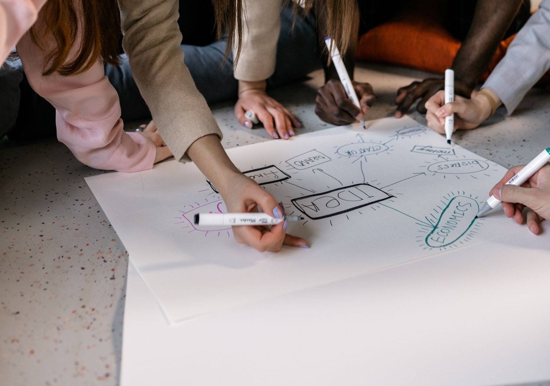 Team members work together on a shared paper brief, drawing connections and recording ideas.